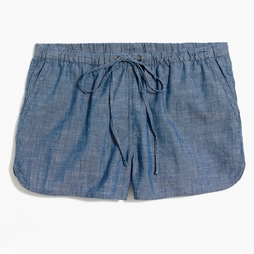 J Crew Pull On Elastic Waist Drawstring Chambray Cotton Shorts Blue Size Large